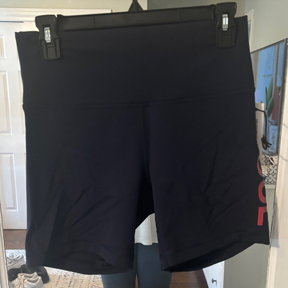 SoulCycle Dark Blue Bike Shorts with Red Accent